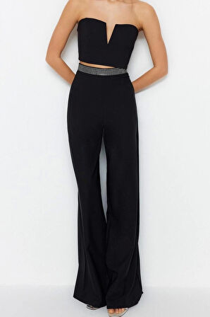 Kadın Yeni Moda Boru Paça Regular Boy Dokuma Taş Kemer Detaylı Pantolon