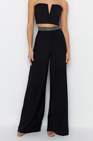 Kadın Yeni Moda Boru Paça Regular Boy Dokuma Taş Kemer Detaylı Pantolon