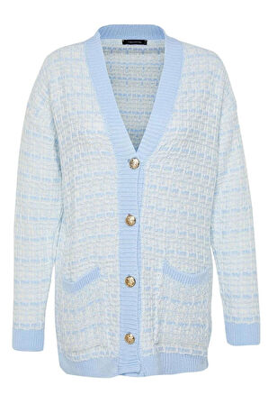 Kadın Moda Şık Midi V Yaka Oversize Geniş Kalıp Tüvit Görünümlü Simli Triko Hırka