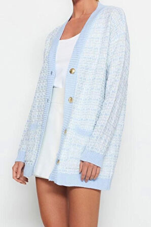 Kadın Moda Şık Midi V Yaka Oversize Geniş Kalıp Tüvit Görünümlü Simli Triko Hırka