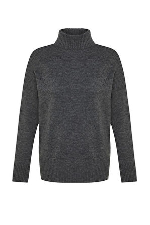 Kadın Moda Şık Dik Yaka Düşük Kol Regular Geniş Kalıp Yumuşak Dokulu Triko Kazak