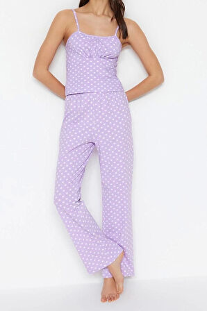 Kadın Pamuklu Kare Yaka Askılı Kol Puantiyeli Pamuklu İp Askılı Örme Pijama Takımı