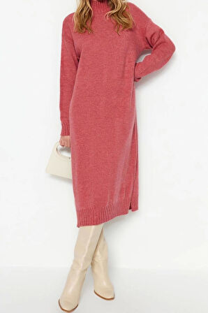 Yeni Oversize Casual Günlük Tek Plaka Triko Dik Yaka Uzun Kol Shift Midi Boy Elbise