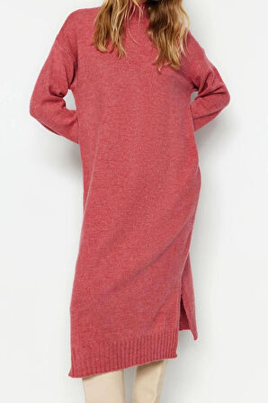 Yeni Oversize Casual Günlük Tek Plaka Triko Dik Yaka Uzun Kol Shift Midi Boy Elbise