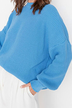 Kadın Moda Şık Bisiklet Yaka Balon Kol Regular Geniş Kalıp Basic Triko Kazak