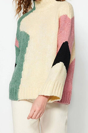 Kadın Moda Şık Regular Dik Yaka Uzun Kol Renk Bloklu Yumuşak Dokulu Geniş Kalıp Triko Kazak