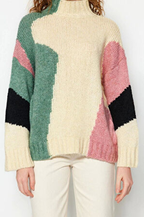 Kadın Moda Şık Regular Dik Yaka Uzun Kol Renk Bloklu Yumuşak Dokulu Geniş Kalıp Triko Kazak