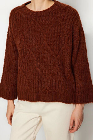 Kadın Moda Şık Bisiklet Yaka Standart Kol Regular Geniş Kalıp Yumuşak Dokulu Triko Kazak