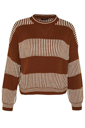 Kadın Moda Şık Regular Bisiklet Yaka Uzun Kol Renk Bloklu Geniş Kalıp Triko Kazak