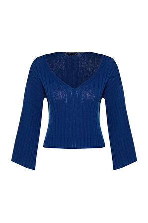 Kadın Moda Şık V Yaka Standart Kol Crop Yünlü Geniş Kalıp Basic Triko Kazak