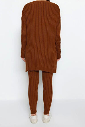 Kadın Moda Şık Dar Paça Regular Boy Uzun Kollu Fitilli Geniş Kalıp Triko Alt-Üst Takım