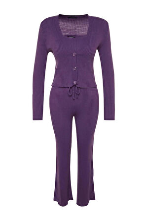 Kadın Moda Şık Geniş Paça Crop Boy Uzun Kollu Fitillli Bluz Hırka Pantolon Triko Alt-Üst Takım