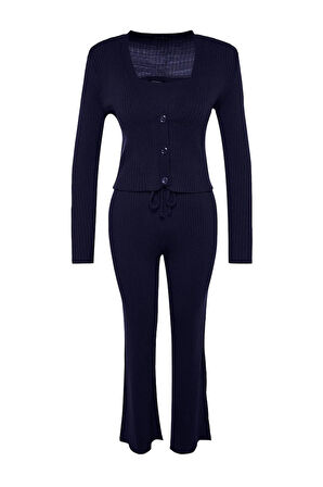 Kadın Moda Şık Geniş Paça Crop Boy Uzun Kollu Fitillli Bluz Hırka Pantolon Triko Alt-Üst Takım