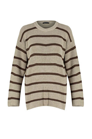 Kadın Moda Şık Bisiklet Yaka Standart Kol Regular Geniş Kalıp Çizgili Triko Kazak