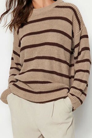 Kadın Moda Şık Bisiklet Yaka Standart Kol Regular Geniş Kalıp Çizgili Triko Kazak