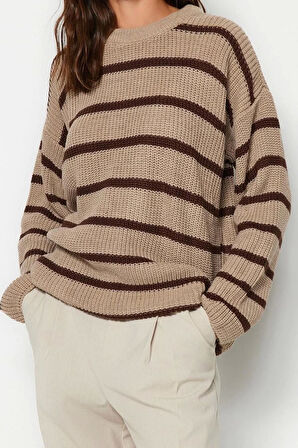 Kadın Moda Şık Bisiklet Yaka Standart Kol Regular Geniş Kalıp Çizgili Triko Kazak