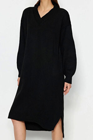 Yeni Oversize Casual Günlük Selanik Triko V Yaka Uzun Kol Shift Maxi Boy Elbise