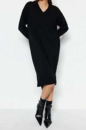 Yeni Oversize Casual Günlük Selanik Triko V Yaka Uzun Kol Shift Maxi Boy Elbise