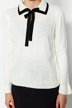 Kadın Moda Şık Polo Yaka Standart Kol Regular Renk Bloklu Kurdeleli Detaylı Triko Kazak