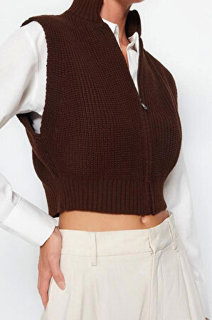 Kadın Moda Şık Dik Yaka Standart Kol Crop Fermuarlı Basic Triko Yelek