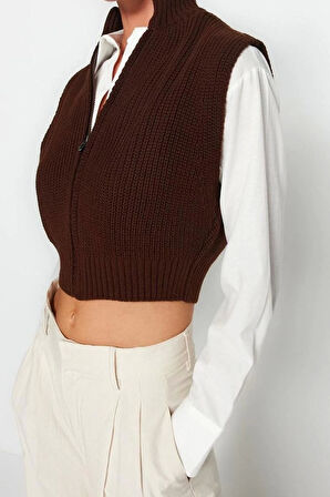 Kadın Moda Şık Dik Yaka Standart Kol Crop Fermuarlı Basic Triko Yelek