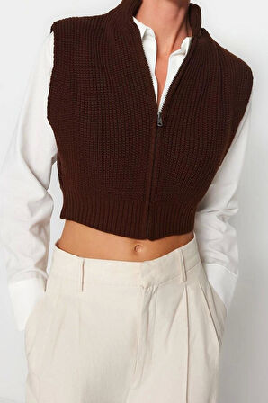 Kadın Moda Şık Dik Yaka Standart Kol Crop Fermuarlı Basic Triko Yelek
