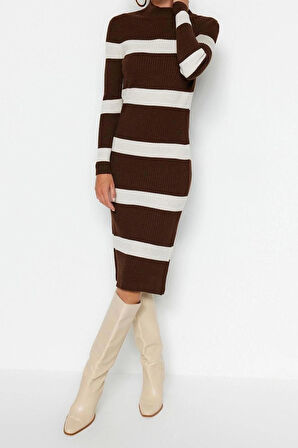 Yeni Slim Casual Günlük Tek Plaka Triko Dik Yaka Uzun Kol Bodycone Midi Boy Elbise