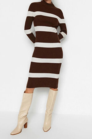 Yeni Slim Casual Günlük Tek Plaka Triko Dik Yaka Uzun Kol Bodycone Midi Boy Elbise