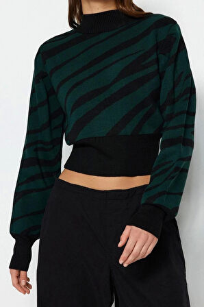 Kadın Moda Şık Crop Dik Yaka Uzun Kol Zebra Zebra Desenli Crop Triko Kazak