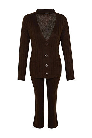 Kadın Moda Şık Geniş Paça Regular Boy Uzun Kollu Geniş Kalıp Yumuşak Dokulu Triko Alt-Üst Takım