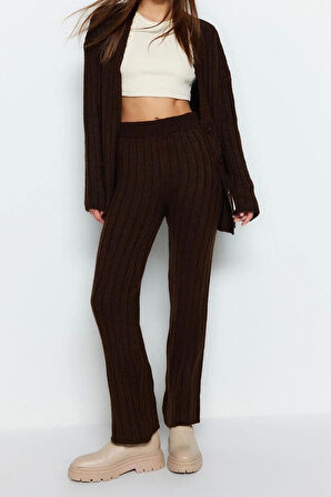 Kadın Moda Şık Geniş Paça Regular Boy Uzun Kollu Geniş Kalıp Yumuşak Dokulu Triko Alt-Üst Takım