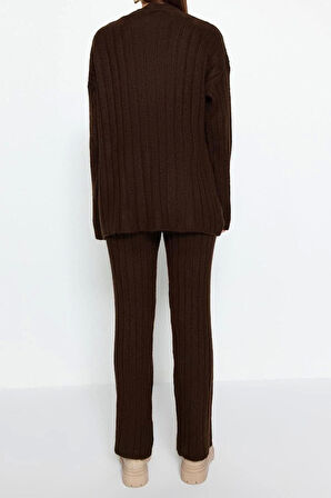 Kadın Moda Şık Geniş Paça Regular Boy Uzun Kollu Geniş Kalıp Yumuşak Dokulu Triko Alt-Üst Takım