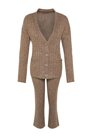 Kadın Moda Şık Geniş Paça Regular Boy Uzun Kollu Geniş Kalıp Yumuşak Dokulu Triko Alt-Üst Takım