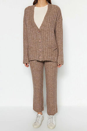 Kadın Moda Şık Geniş Paça Regular Boy Uzun Kollu Geniş Kalıp Yumuşak Dokulu Triko Alt-Üst Takım