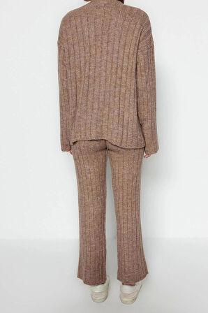 Kadın Moda Şık Geniş Paça Regular Boy Uzun Kollu Geniş Kalıp Yumuşak Dokulu Triko Alt-Üst Takım