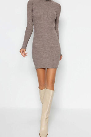 Yeni Slim Casual Günlük Tek Plaka Triko Dik Yaka Uzun Kol Bodycone Mini Boy Elbise