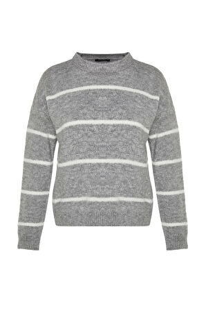 Kadın Moda Şık Bisiklet Yaka Standart Kol Regular Buklet Çizgili Triko Kazak