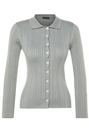 Kadın Moda Şık Regular Polo Yaka Slim Fitilli Polo Yaka Triko Hırka