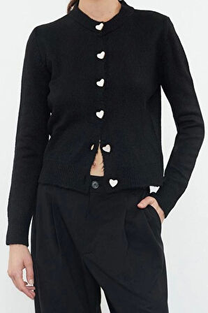 Kadın Moda Regular Bisiklet Yaka Regular Yumuşak Dokulu Mücevher Düğmeli Ceket Görünümlü Triko Hırka