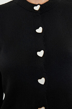 Kadın Moda Regular Bisiklet Yaka Regular Yumuşak Dokulu Mücevher Düğmeli Ceket Görünümlü Triko Hırka