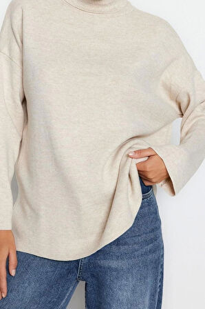 Kadın Moda Şık Regular Balıkçı Yaka Uzun Kol Düz Geniş Kalıp Basic Triko Kazak