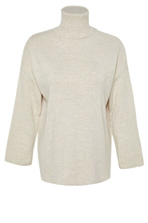 Kadın Moda Şık Regular Balıkçı Yaka Uzun Kol Düz Geniş Kalıp Basic Triko Kazak