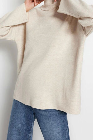 Kadın Moda Şık Regular Balıkçı Yaka Uzun Kol Düz Geniş Kalıp Basic Triko Kazak