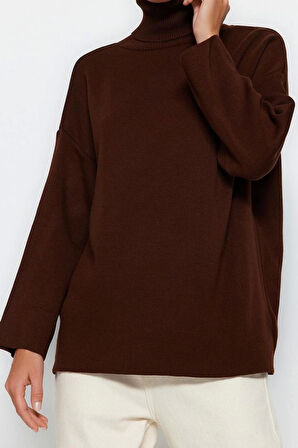 Kadın Moda Şık Regular Balıkçı Yaka Uzun Kol Düz Geniş Kalıp Basic Triko Kazak