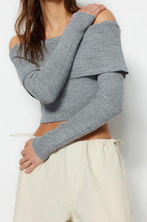 Kadın Moda Şık Crop Carmen Yaka Uzun Kol Düz Süper Crop Carmen Yaka Triko Kazak