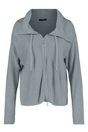 Kadın Moda Şık Regular Dik Yaka Oversize Geniş Kalıp Fermuar Detaylı Triko Hırka