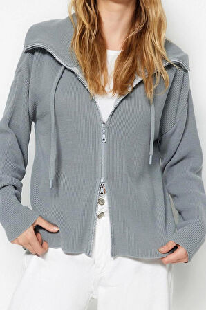 Kadın Moda Şık Regular Dik Yaka Oversize Geniş Kalıp Fermuar Detaylı Triko Hırka