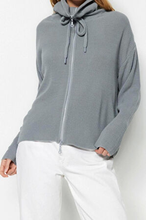 Kadın Moda Şık Regular Dik Yaka Oversize Geniş Kalıp Fermuar Detaylı Triko Hırka