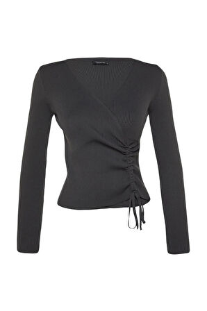 Kadın Moda Şık Kruvaze Standart Kol Regular Büzgü Detaylı Triko Kazak