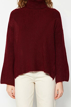 Kadın Moda Şık Balıkçı Yaka Düşük Kol Regular Geniş Kalıp Yumuşak Dokulu Triko Kazak